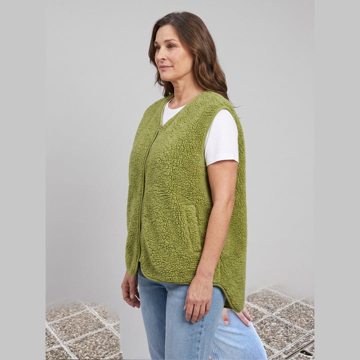 Faustine sherpa fleece vest in olive green, side view