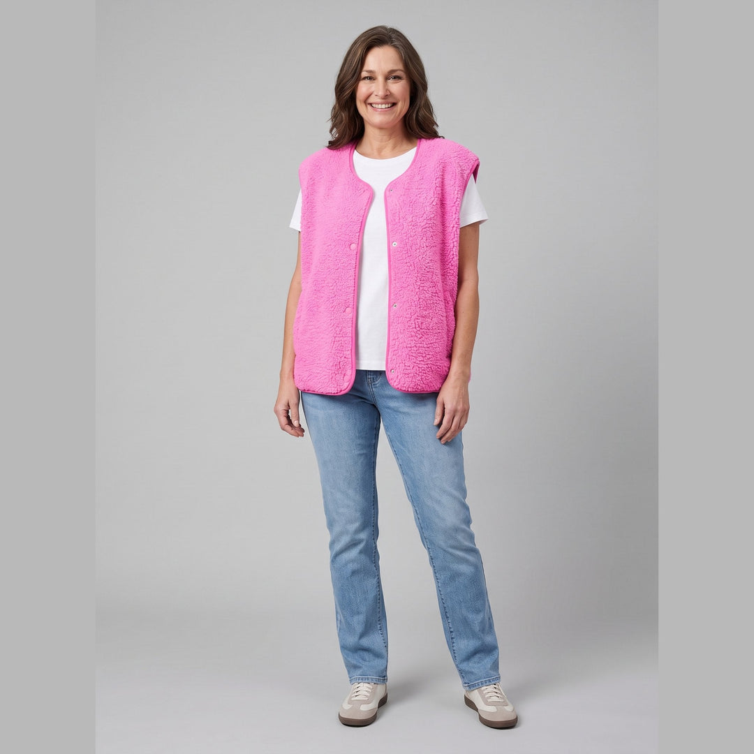 Faustine sherpa fleece vest in hot pink, front view