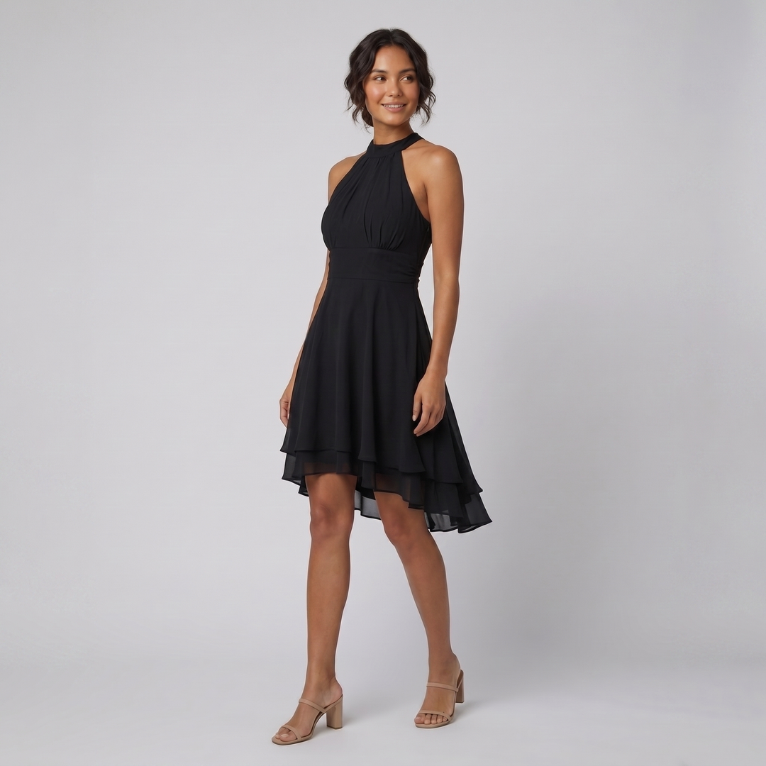 Fiona black flare mini dress on model