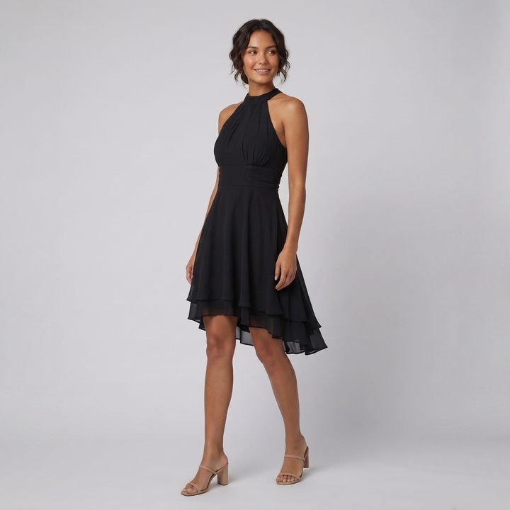 Fiona black flare mini dress on model