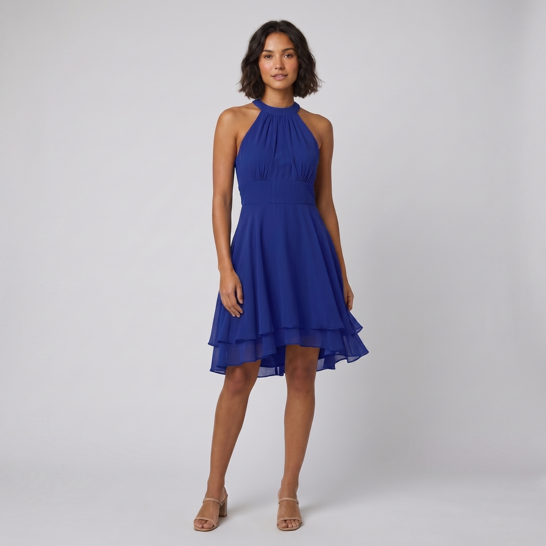 Fiona royal blue flare mini dress on model