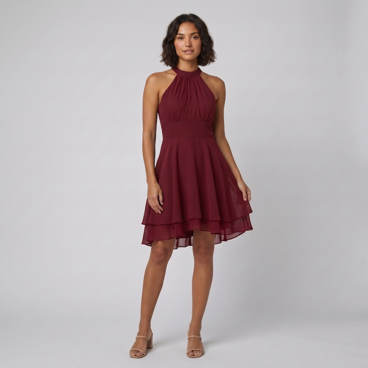 Fiona burgundy flare mini dress on model