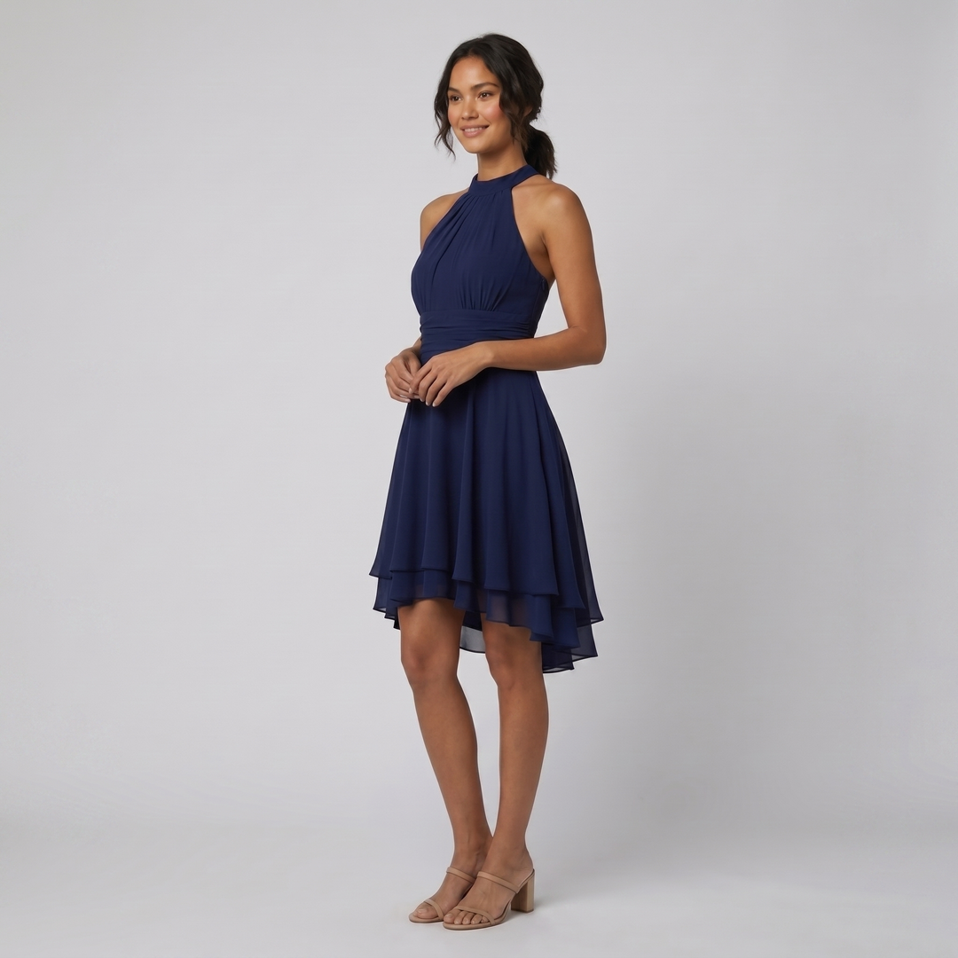 Fiona navy flare mini dress on model