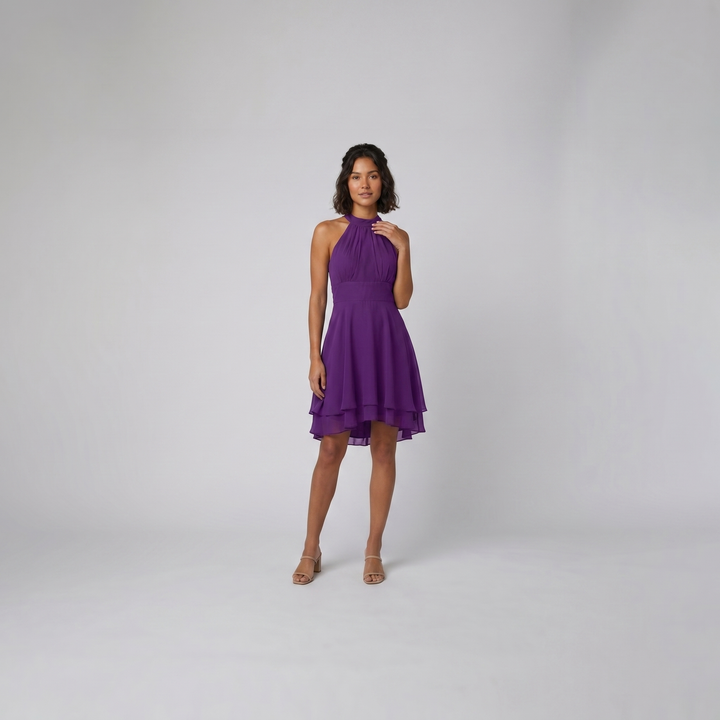 Fiona purple flare mini dress on model