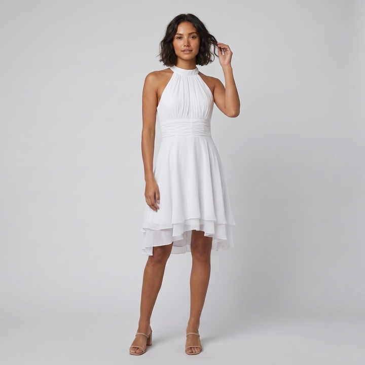Fiona white flare mini dress on model