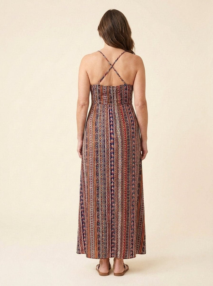 Fiora boho stripe maxi dress crisscross back