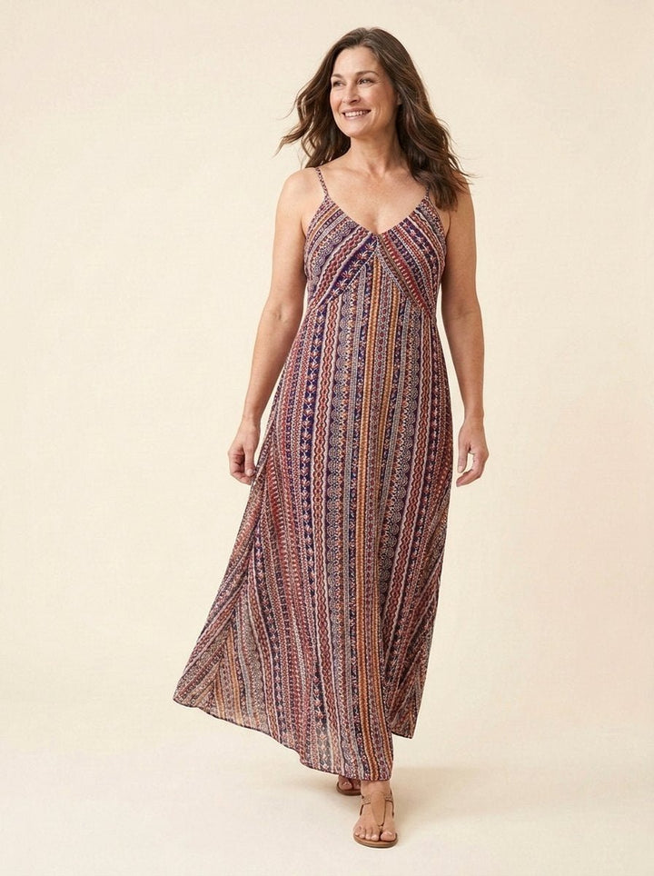 Fiora boho stripe maxi dress walking