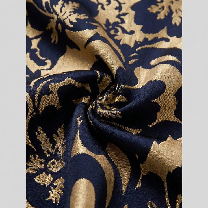 Close-up of the floral woven fabric on the wide-leg jumpsuit