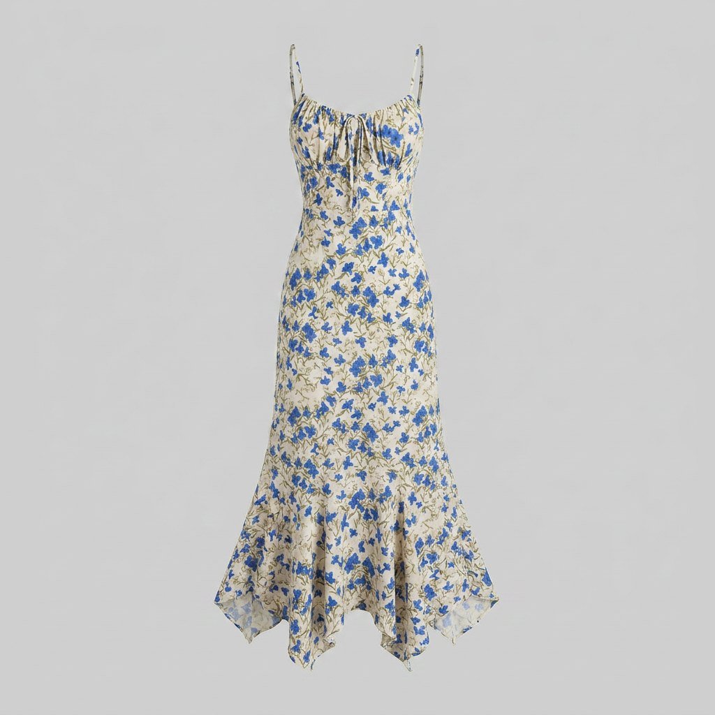 Fleur blue floral maxi dress flat lay