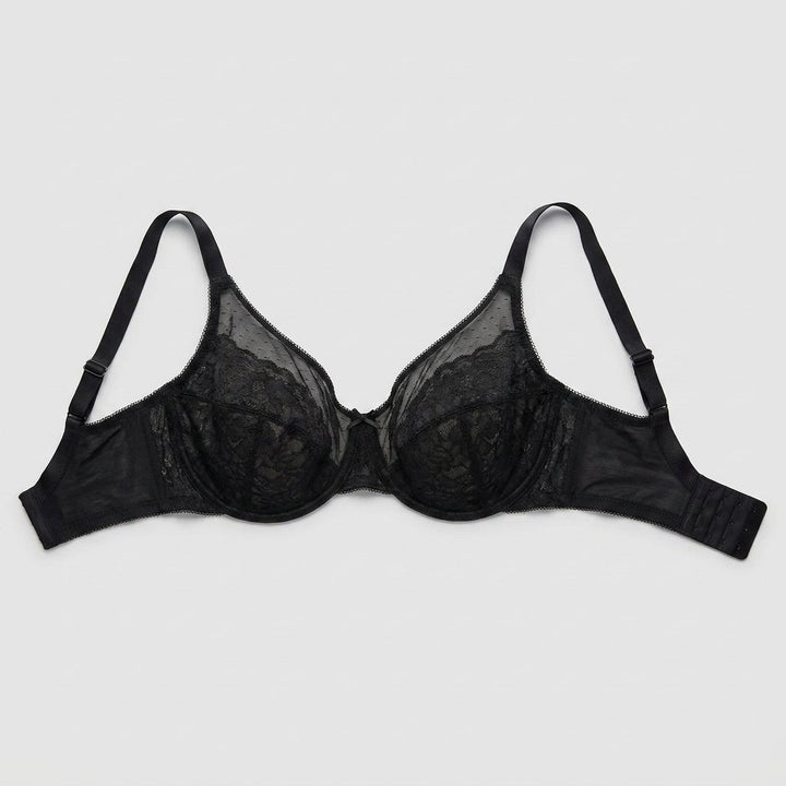 Black full-coverage lace minimizer bra flat-lay