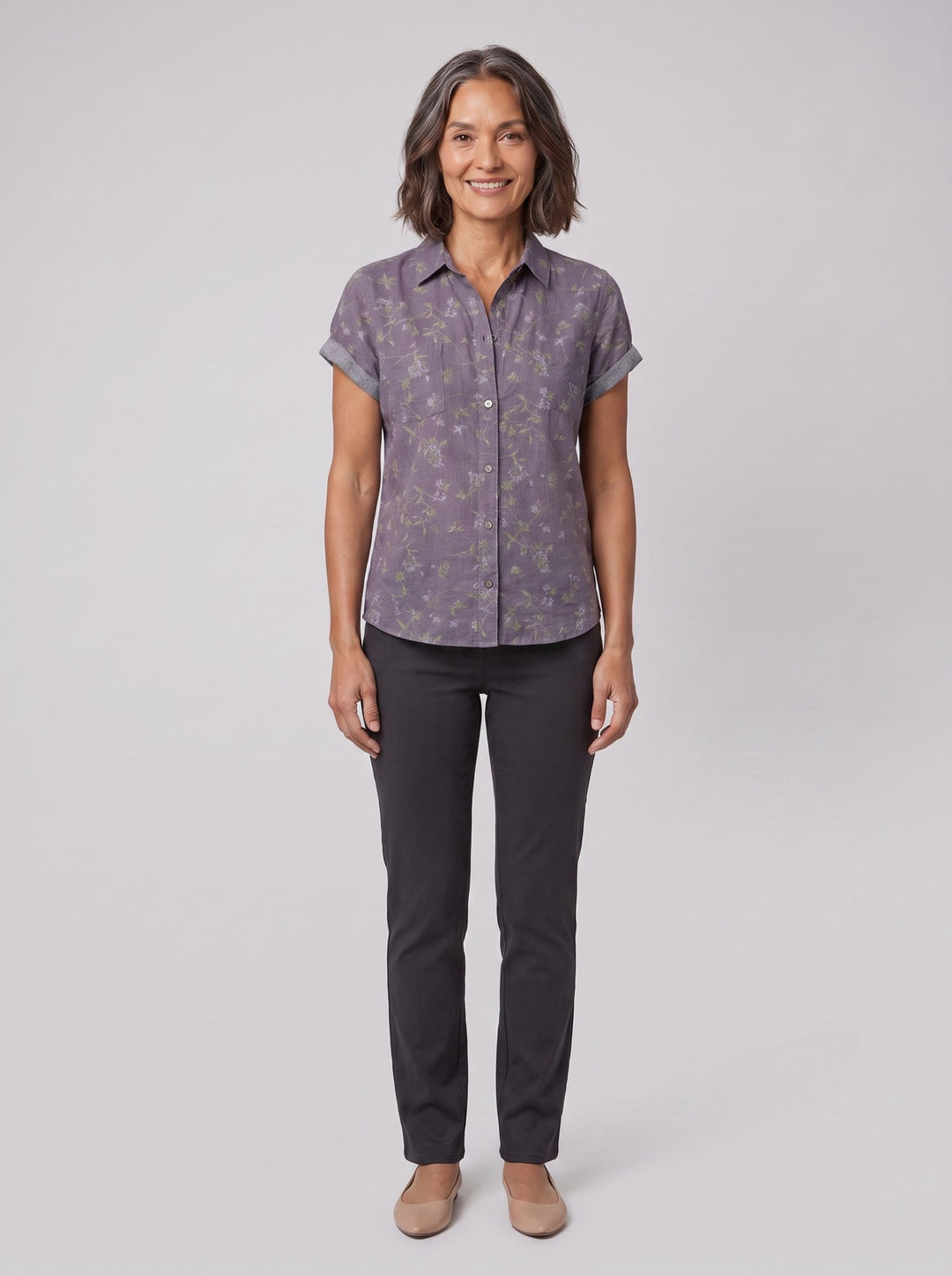 Fleur vintage blouse purple floral print - front view on model