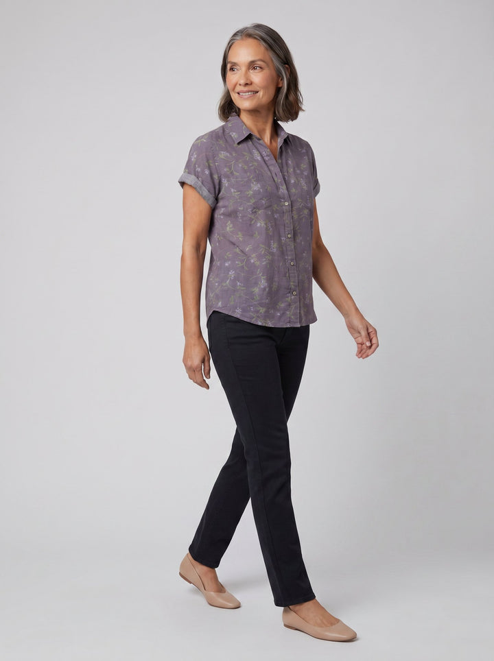 Fleur vintage blouse purple floral print - three-quarter view on model