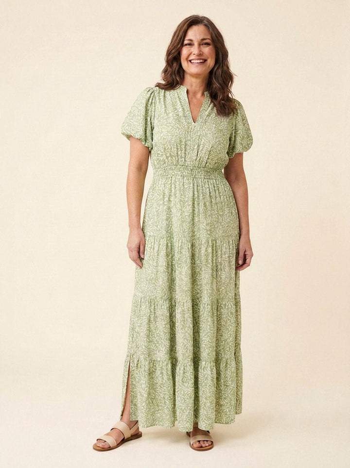 Furgeson green willow floral tiered maxi dress front
