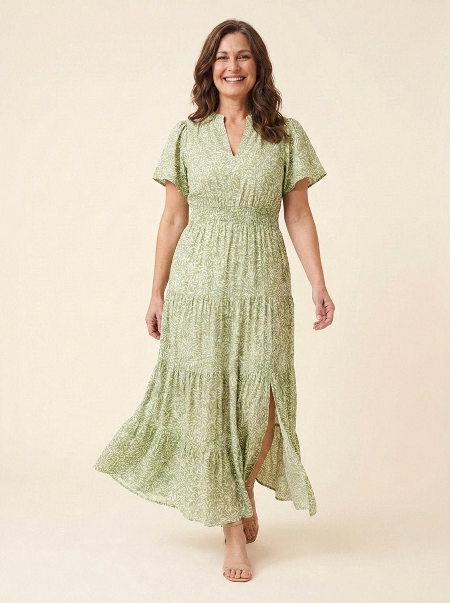 Furgeson green floral maxi dress walking