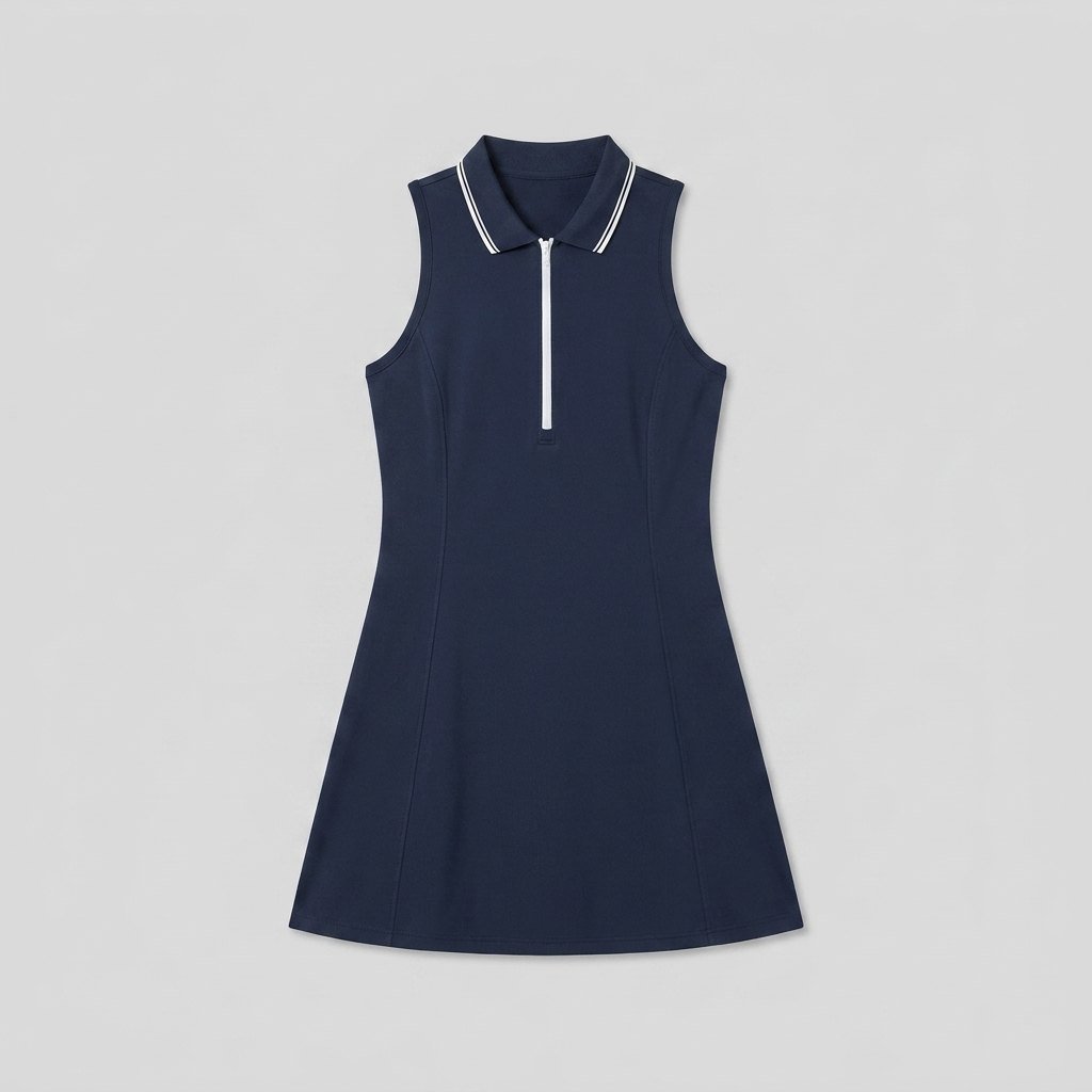 Gaelle sleeveless zip polo dress in navy blue, flat lay
