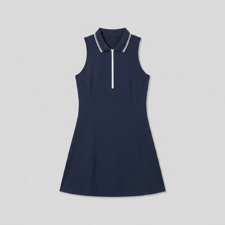 Gaelle sleeveless zip polo dress in navy blue, flat lay