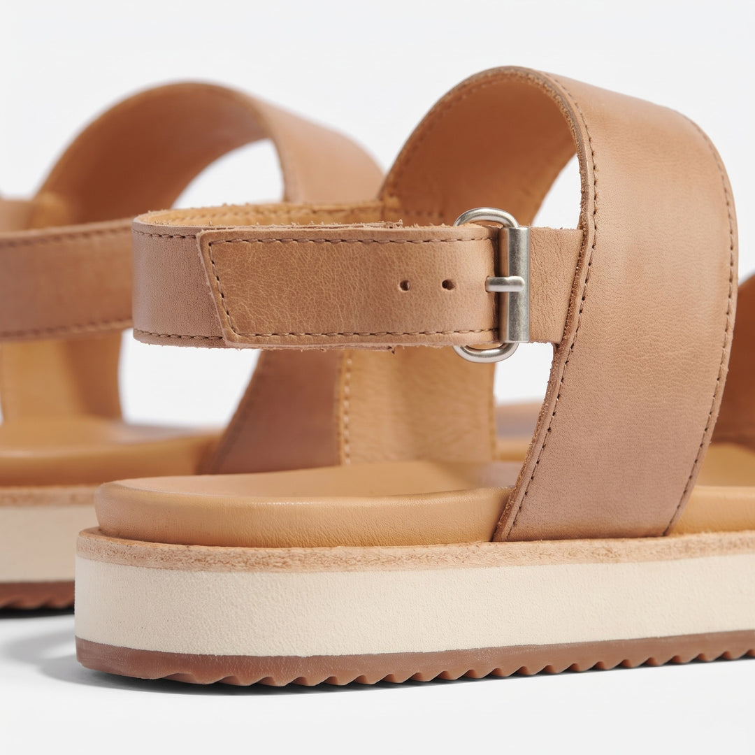 Close-up of the adjustable buckle and layered flatform sole - The store Vancouver