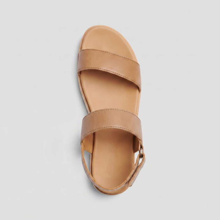 Top view of the almond flatform sandal footbed and straps - The store Vancouver