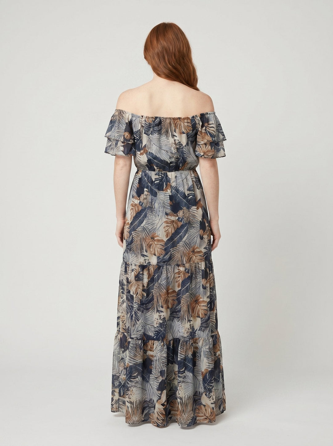 Dark blue floral maxi dress, back view showing the A-line fall
