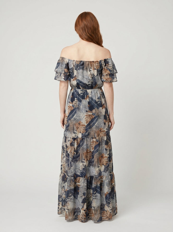 Dark blue floral maxi dress, back view showing the A-line fall