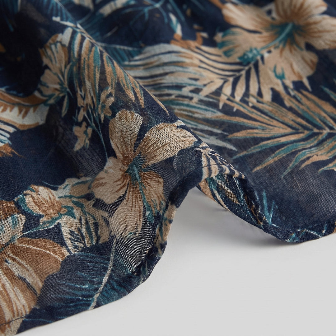 Close-up of the dark blue floral print fabric