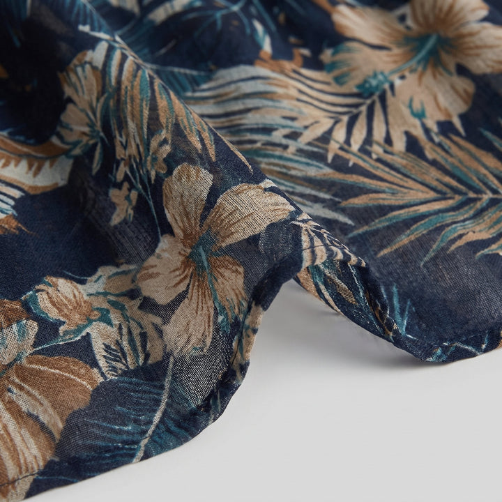 Close-up of the dark blue floral print fabric