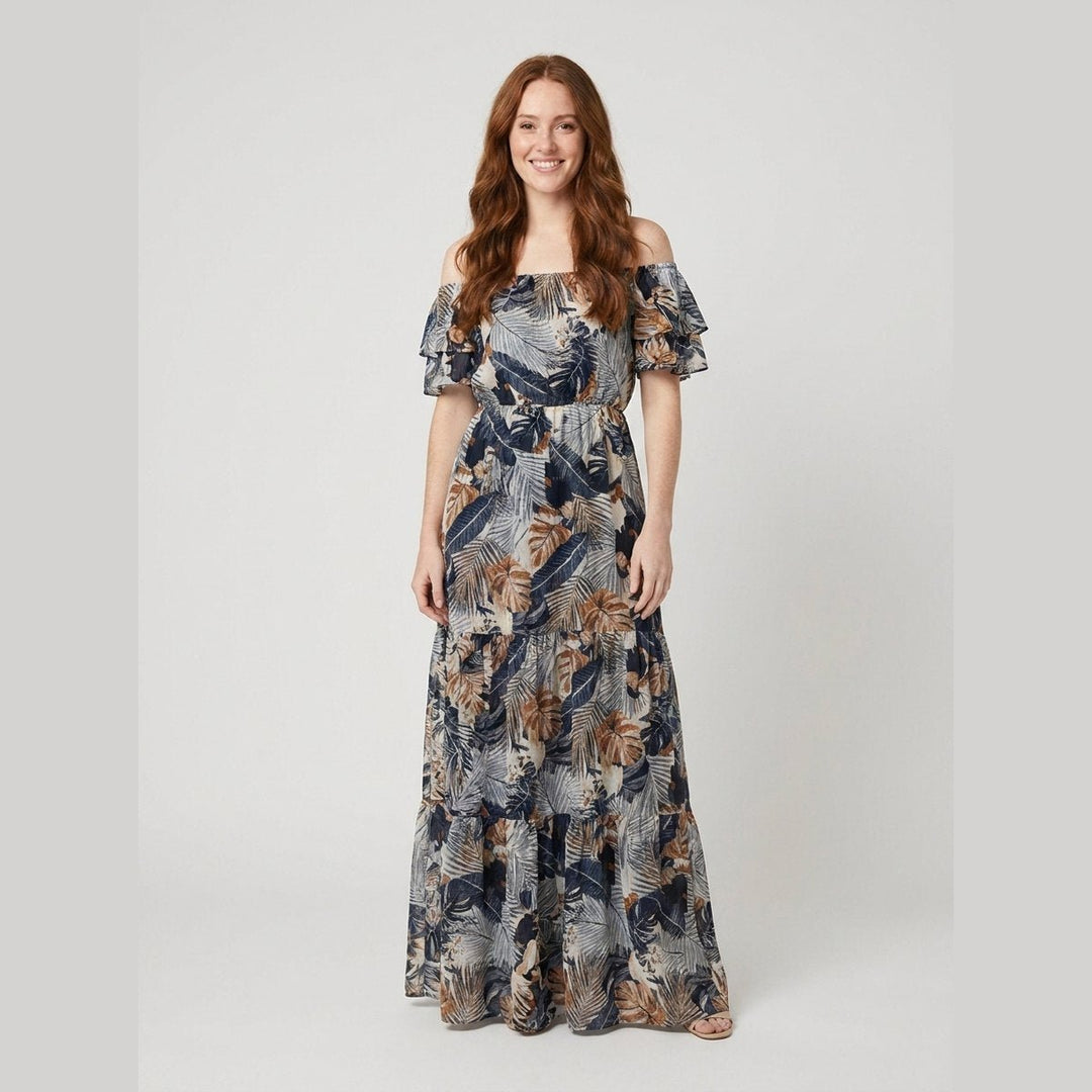 Dark blue off-shoulder floral maxi dress, front view on model