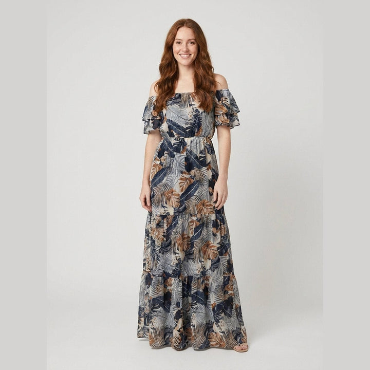 Dark blue off-shoulder floral maxi dress, front view on model