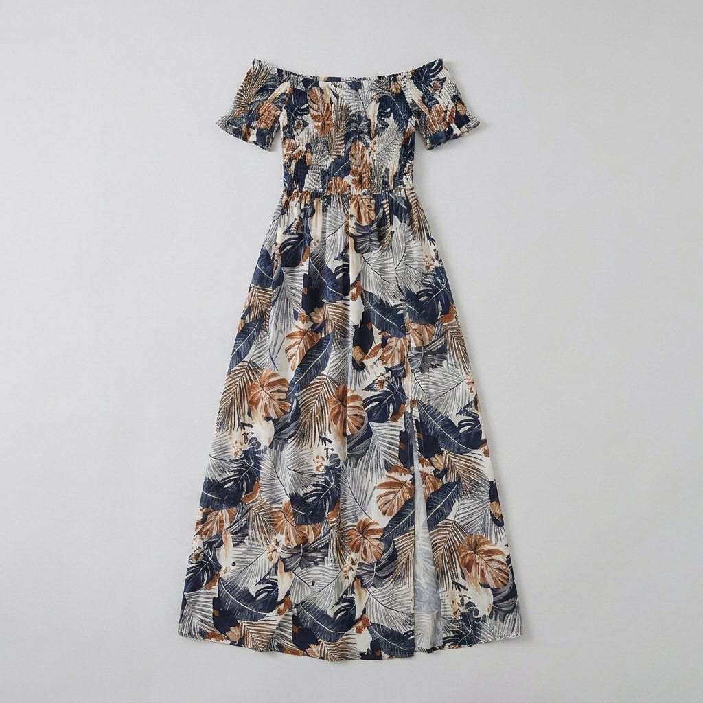 Dark blue floral maxi dress, flat-lay product photo