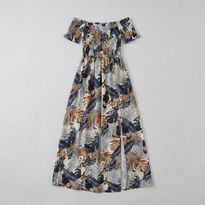 Dark blue floral maxi dress, flat-lay product photo