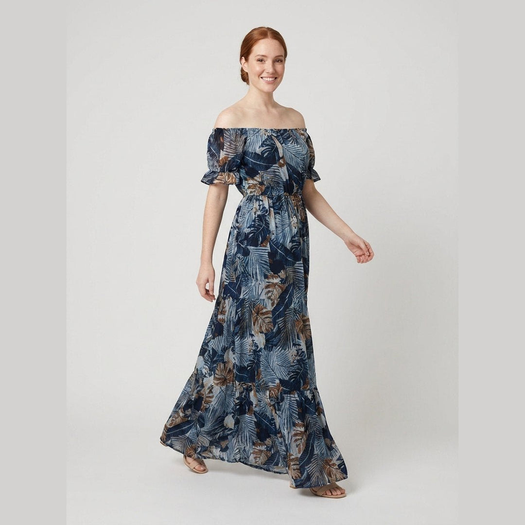 Dark blue off-shoulder floral maxi dress, side view on model