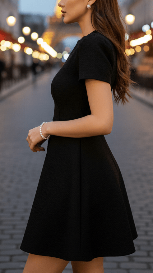 Genevieve black fit-and-flare dress, third view on model
