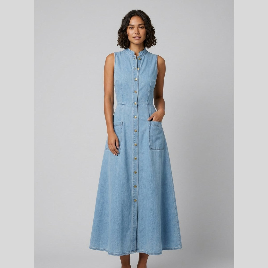 Georgina light-blue denim sleeveless A-line midi dress front on model