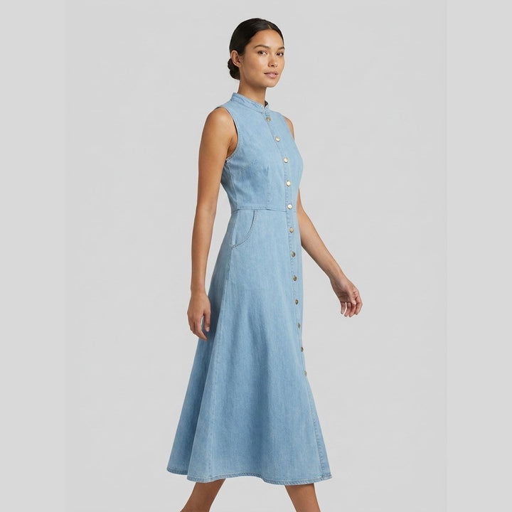Georgina denim midi dress three-quarter side on model