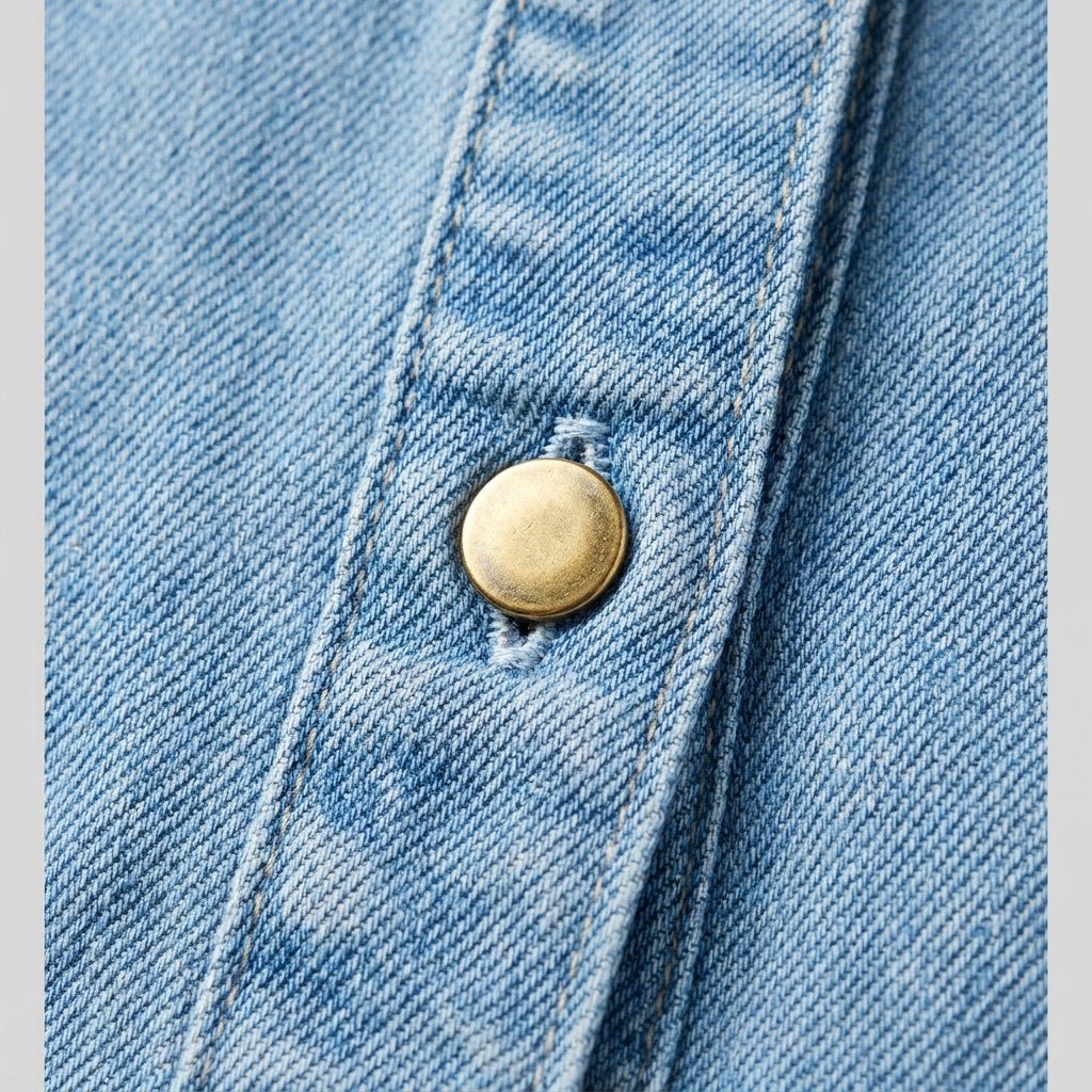 Georgina denim dress fabric and gold button close-up