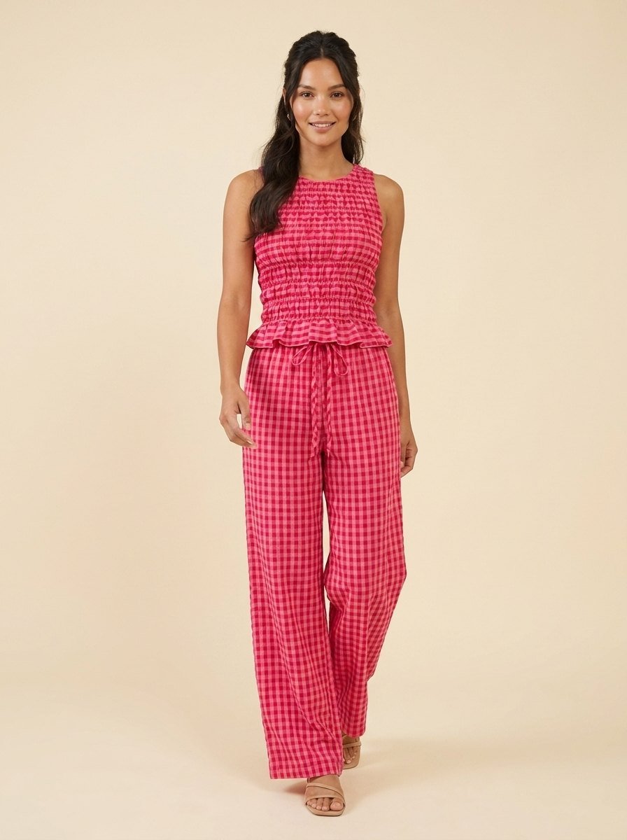 Gina gingham two-piece set pink red walking