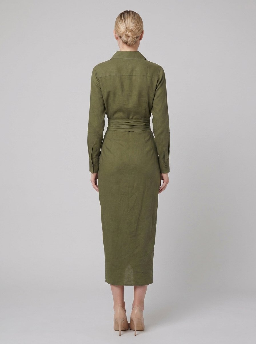 Gina green linen midi dress back view