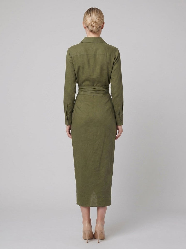 Gina green linen midi dress back view