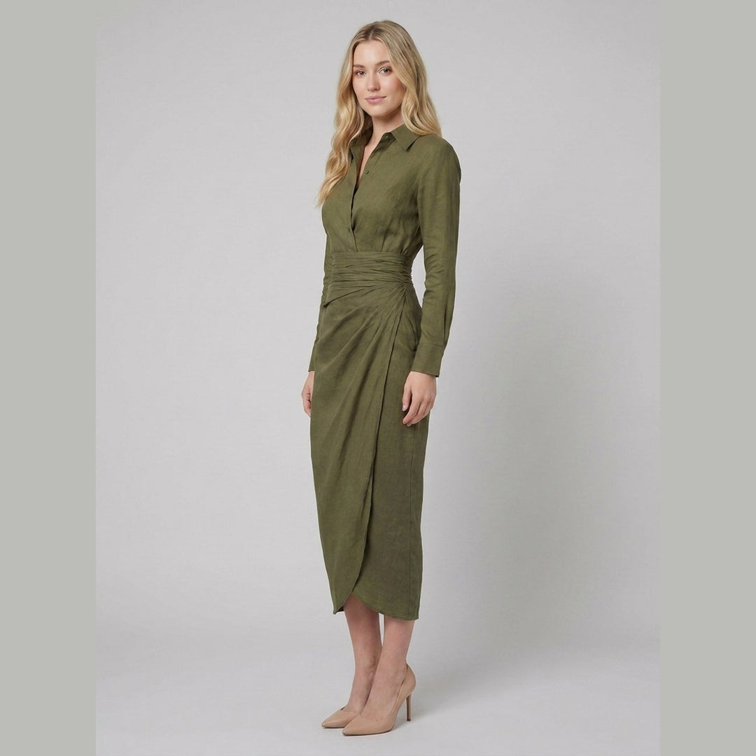 Gina green linen wrap midi dress side
