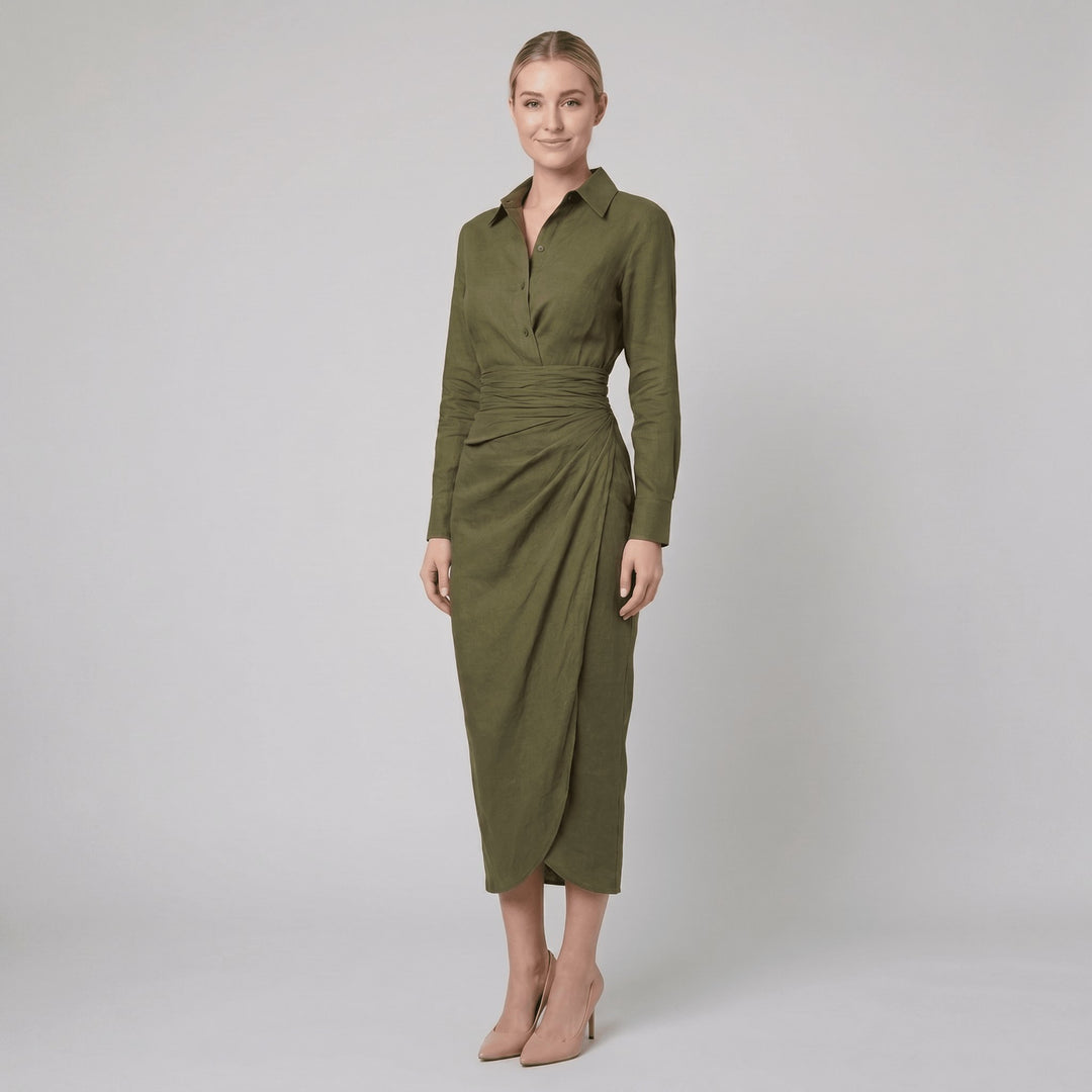 Gina green linen wrap midi dress front