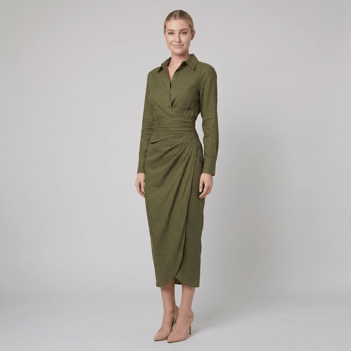 Gina green linen wrap midi dress front