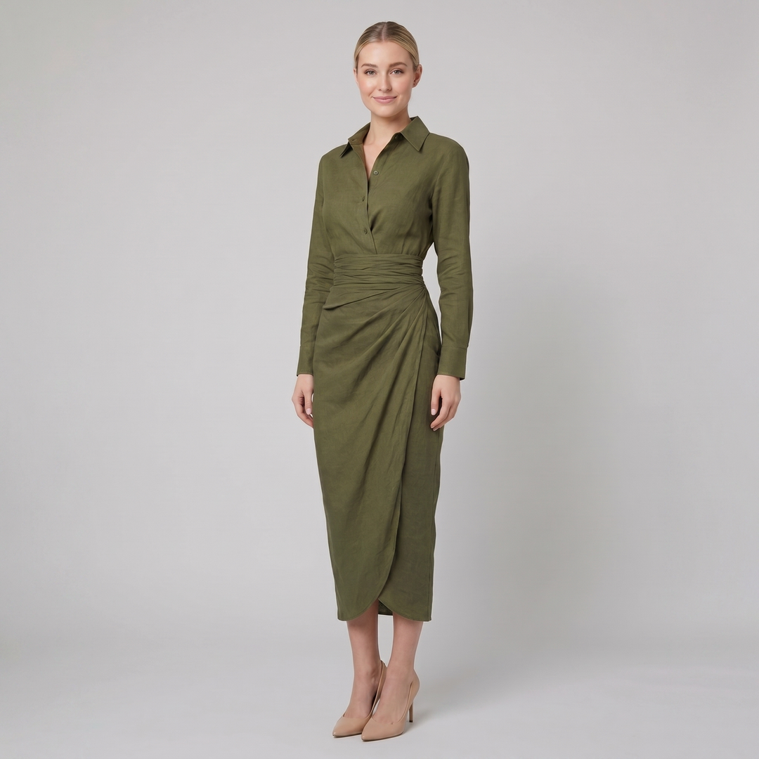 Gina olive green linen wrap midi dress on model