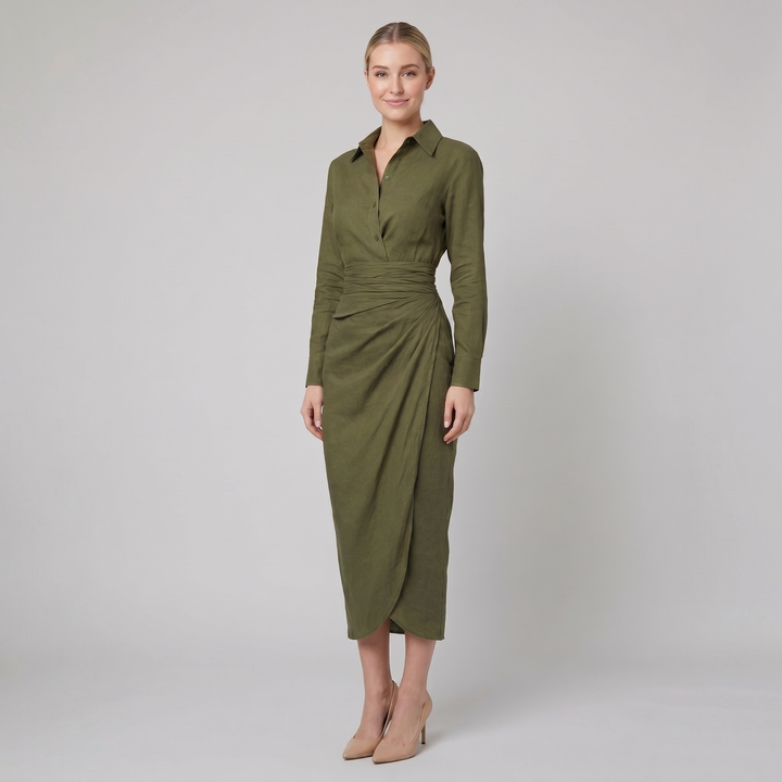Gina olive green linen wrap midi dress on model