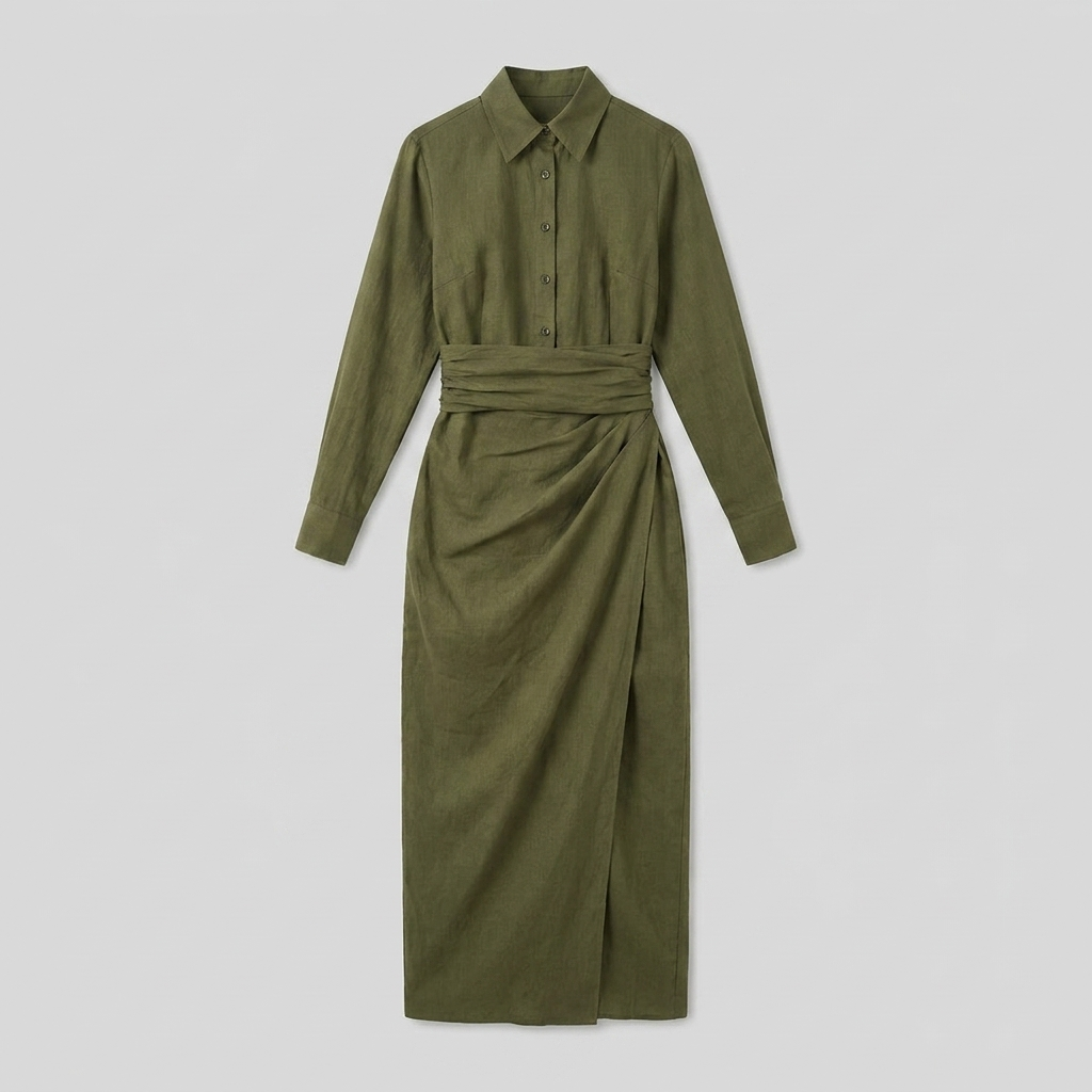 Gina olive green linen wrap midi dress product flat-lay