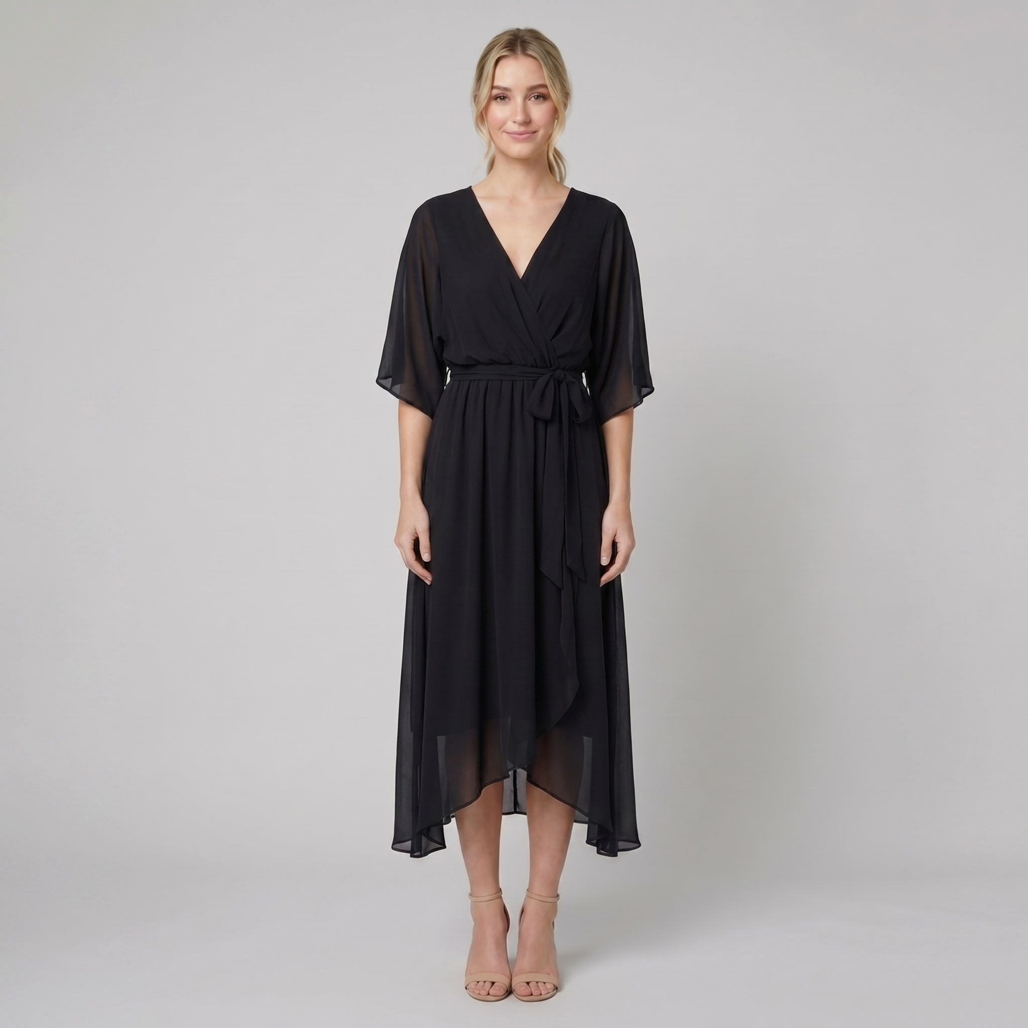 Ginevra black chiffon wrap midi dress