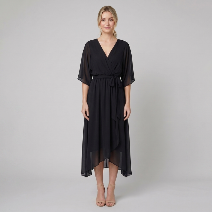 Ginevra black chiffon wrap midi dress