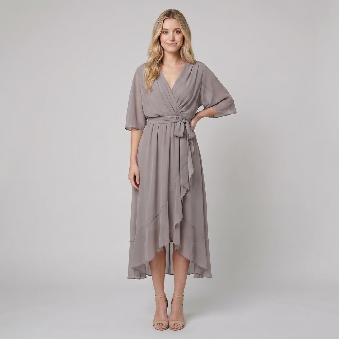 Ginevra gray chiffon wrap midi dress