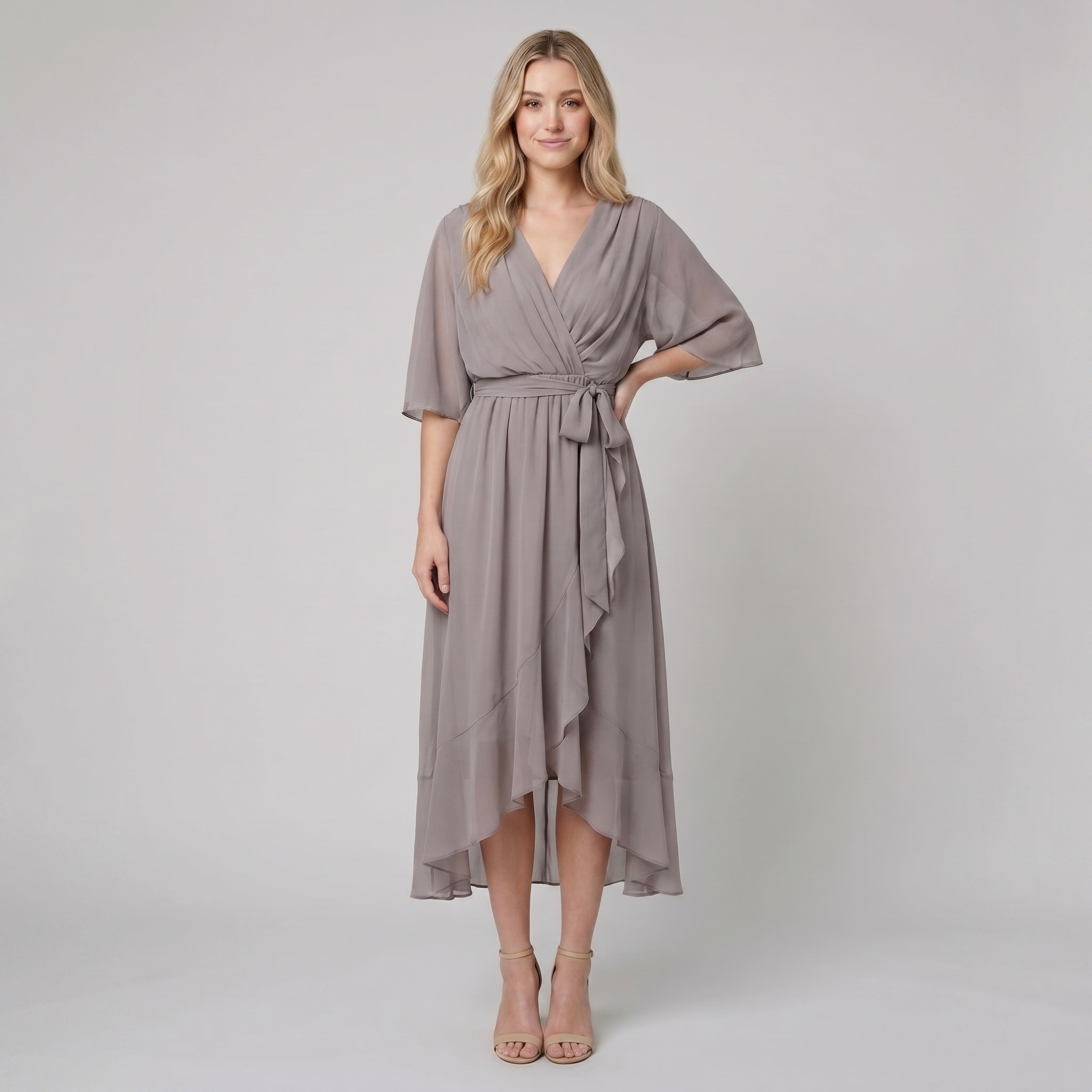 Ginevra gray chiffon wrap midi dress