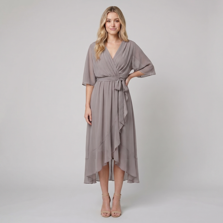 Ginevra gray chiffon wrap midi dress