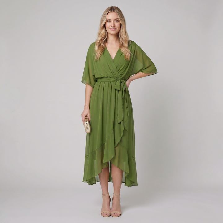 Ginevra green chiffon wrap midi dress